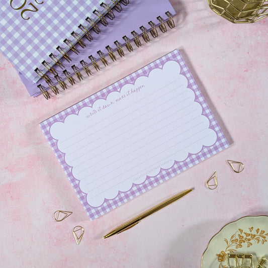 Write is Down, Make it happen | A5 Lined Notepad | Gingham | Lilac