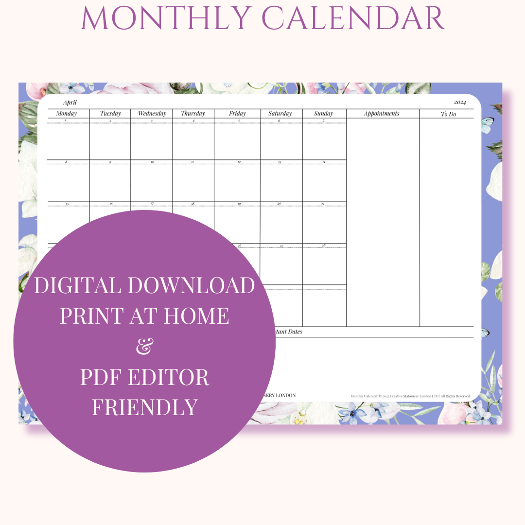 Monthly Calendar Planner | Digital Download Desk Pad | Butterfly Blues