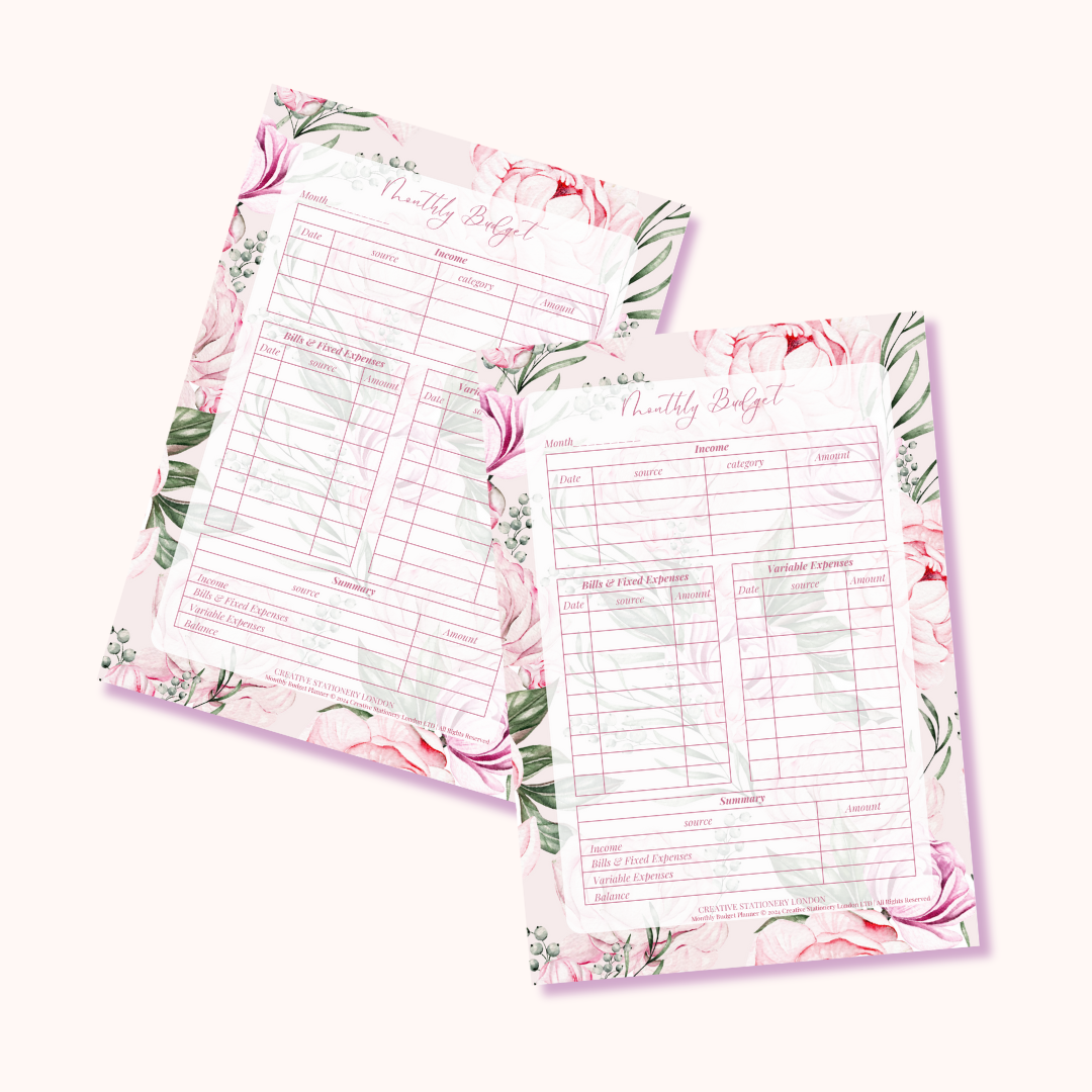 Monthly Budget Planner | Digital Download Desk Pad | Pink Peony