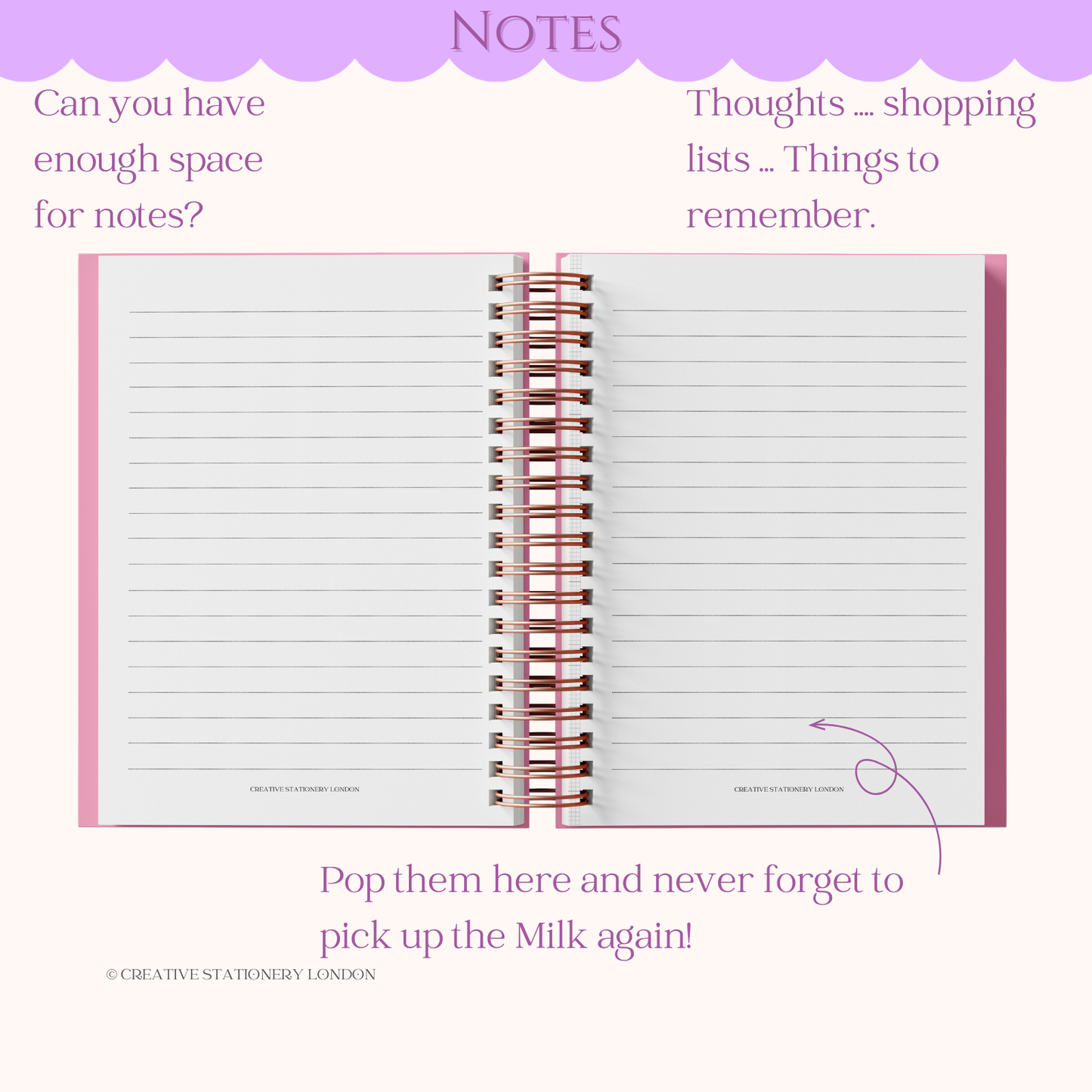 Open notebook with lined pages and spiral binding on a white background, featuring text about notes and shopping lists.