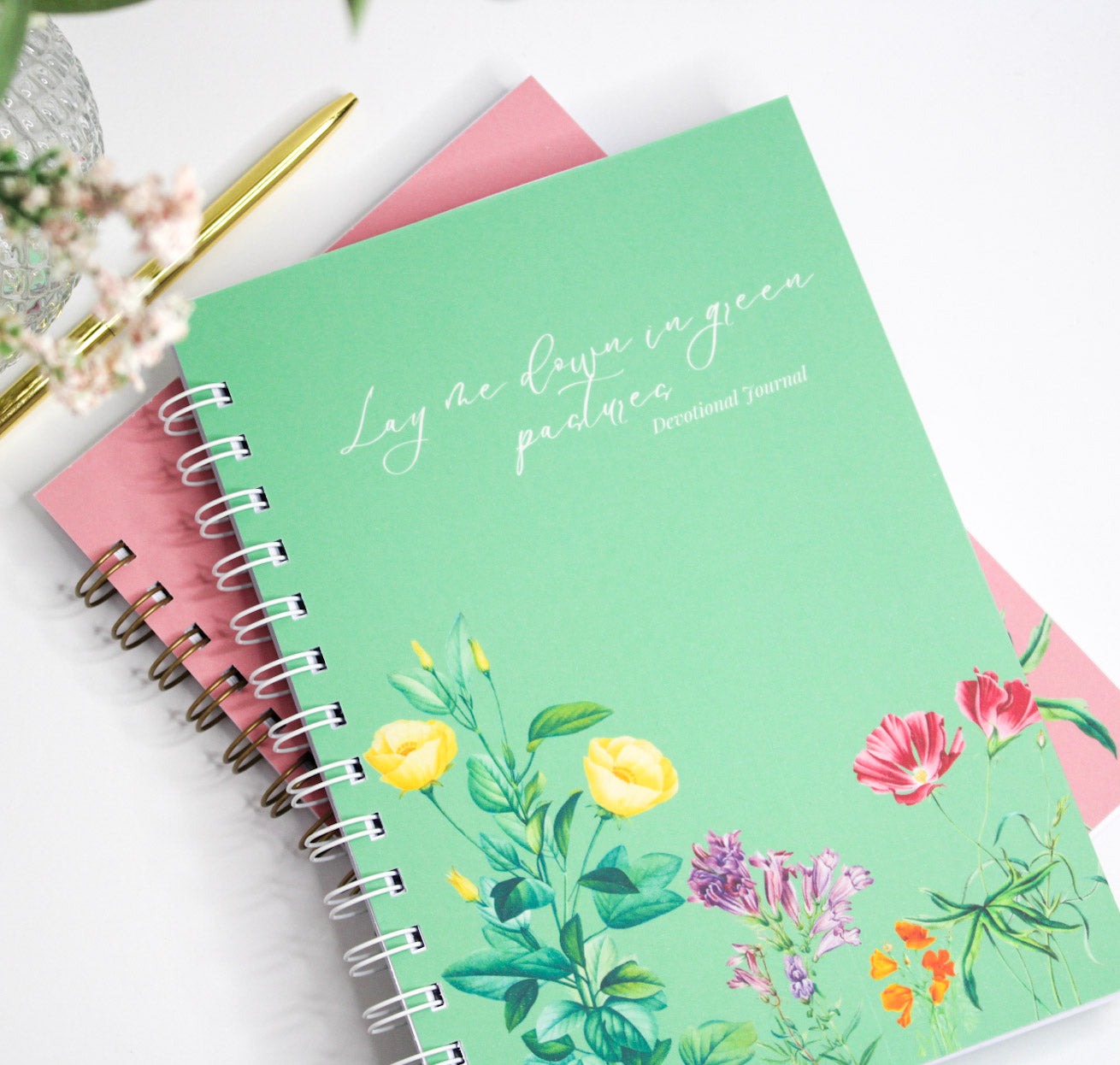Personalised Devotional Journal | Lay me down in Green Pastures | Psalm 23:2 | Wildflower Green