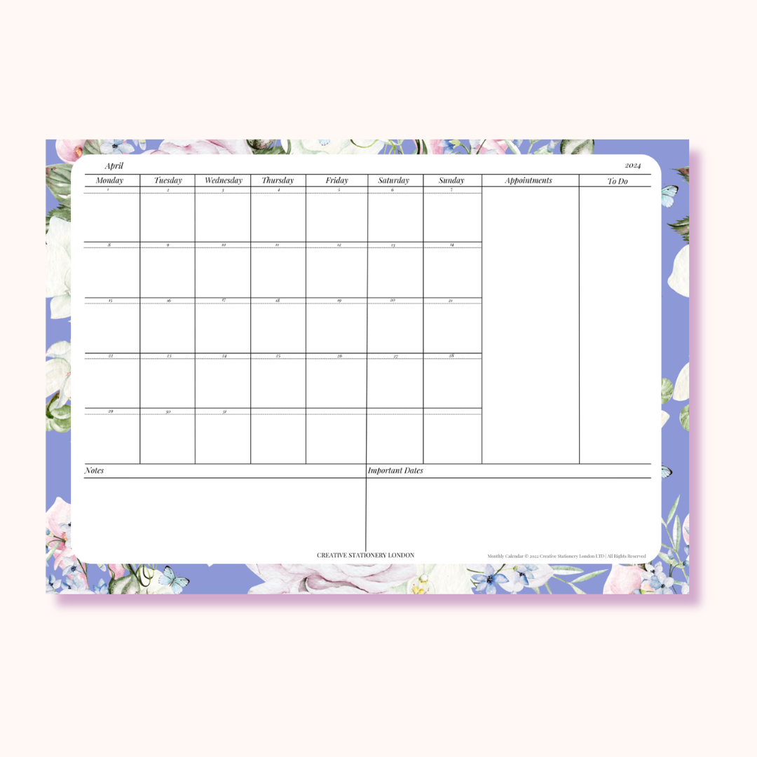 Monthly Calendar Planner | Digital Download Desk Pad | Butterfly Blues