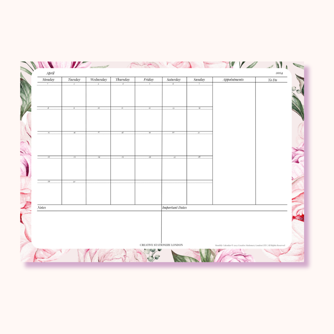 Monthly Calendar Planner | Digital Download Desk Pad | Pink Peony