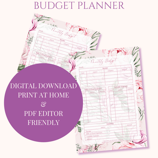 Monthly Budget Planner | Digital Download Desk Pad | Pink Peony