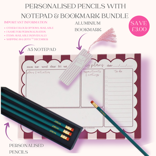Personalised Pencils, with Notepad & Bookmark Bundle
