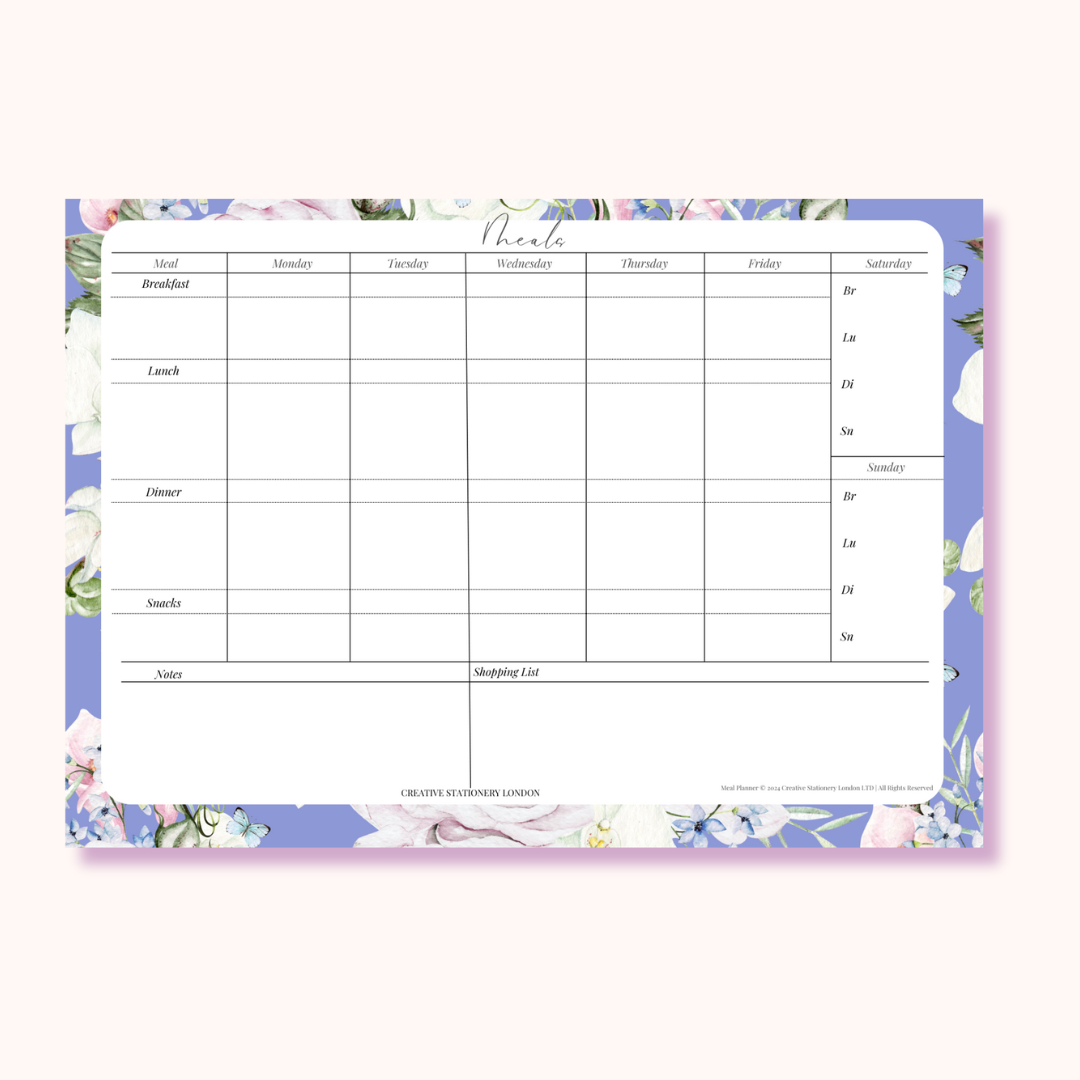 Weekly Meal Planner | Digital Download Desk Pad | Butterfly Blues