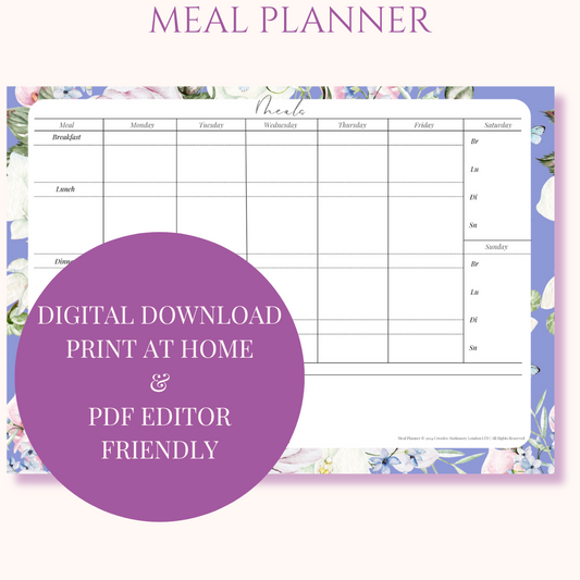 Weekly Meal Planner | Digital Download Desk Pad | Butterfly Blues