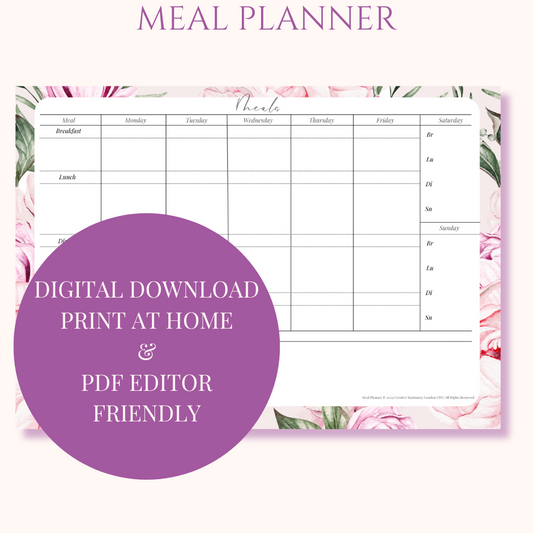 Weekly Meal Planner | Digital Download Desk Pad | Pink Peony