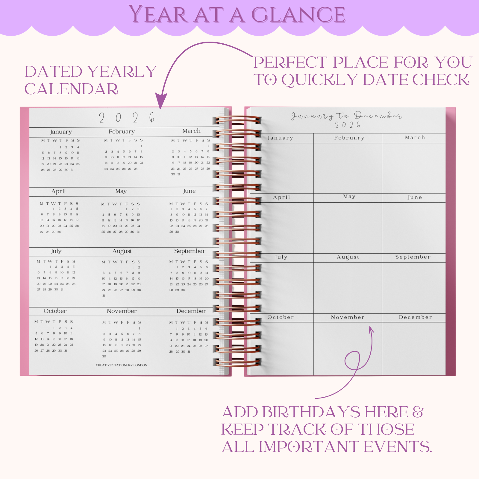 Yearly calendar with spiral binding on a white background