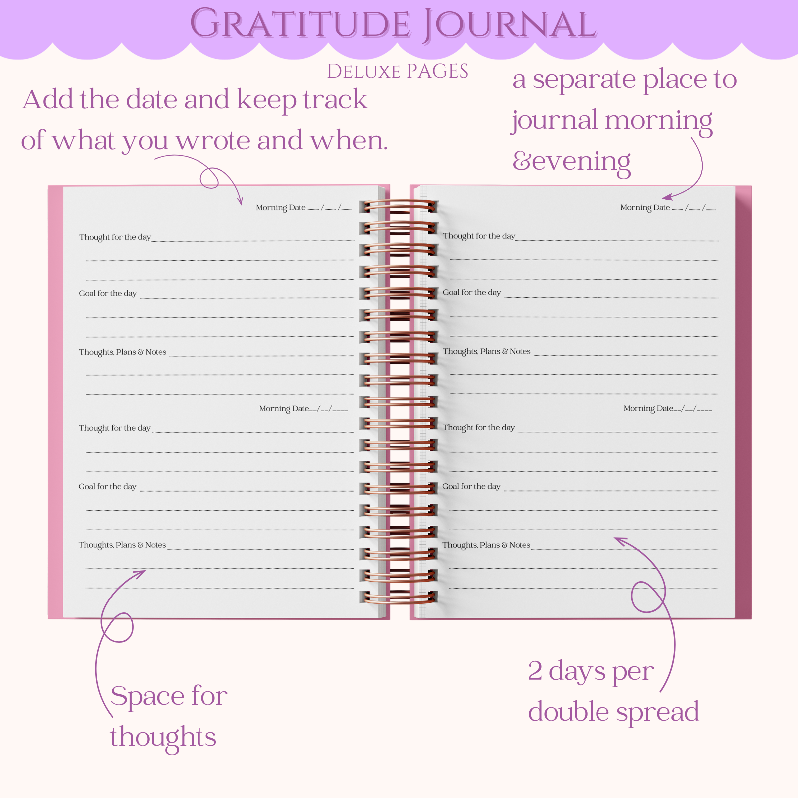 Gratitude journal with purple cover and pink interior pages on a white background