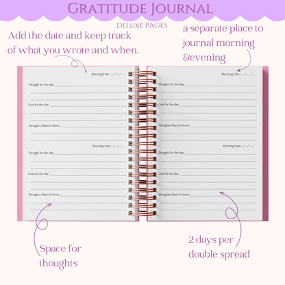 Gratitude journal with purple cover and pink interior pages on a white background
