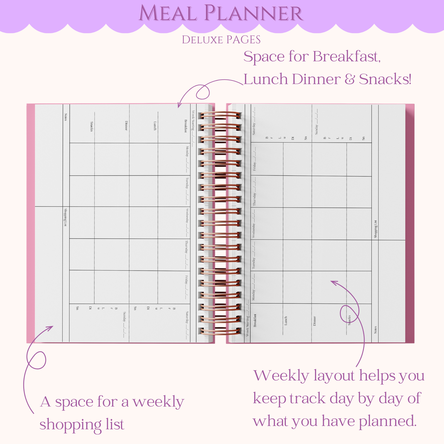 Meal planner with space for breakfast, lunch, dinner, and snacks on a white background.