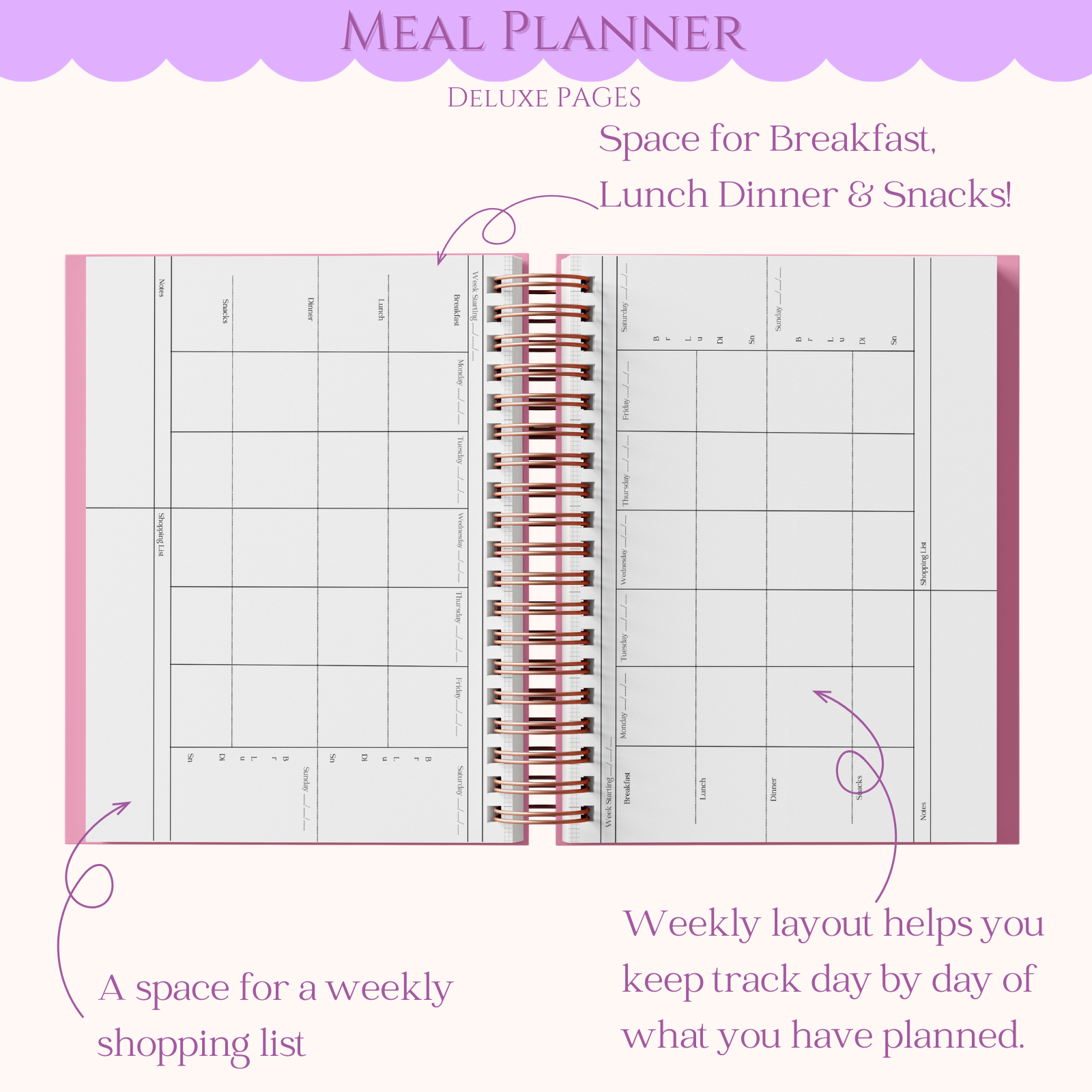 Meal planner with space for breakfast, lunch, dinner, and snacks on a white background.