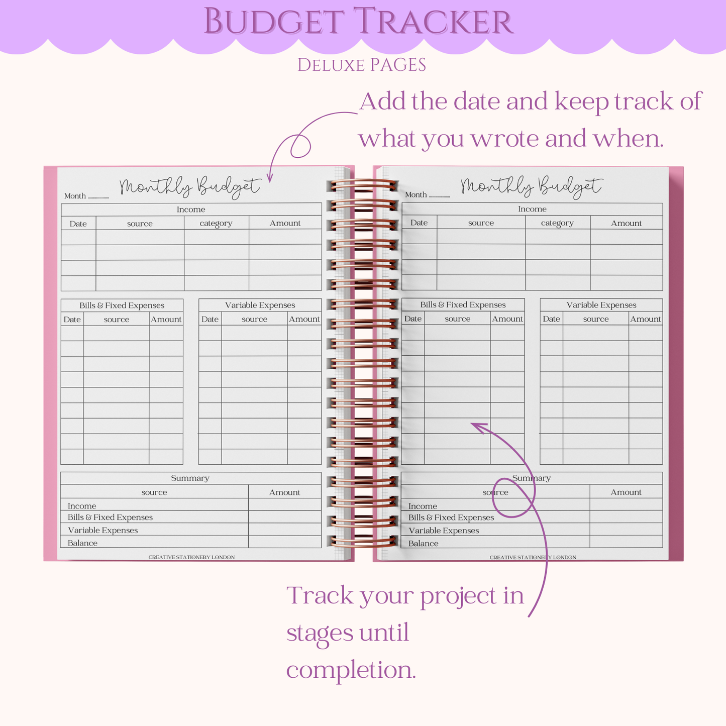 Budget tracker with monthly budgeting sheets on a white background
