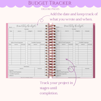 Budget tracker with monthly budgeting sheets on a white background