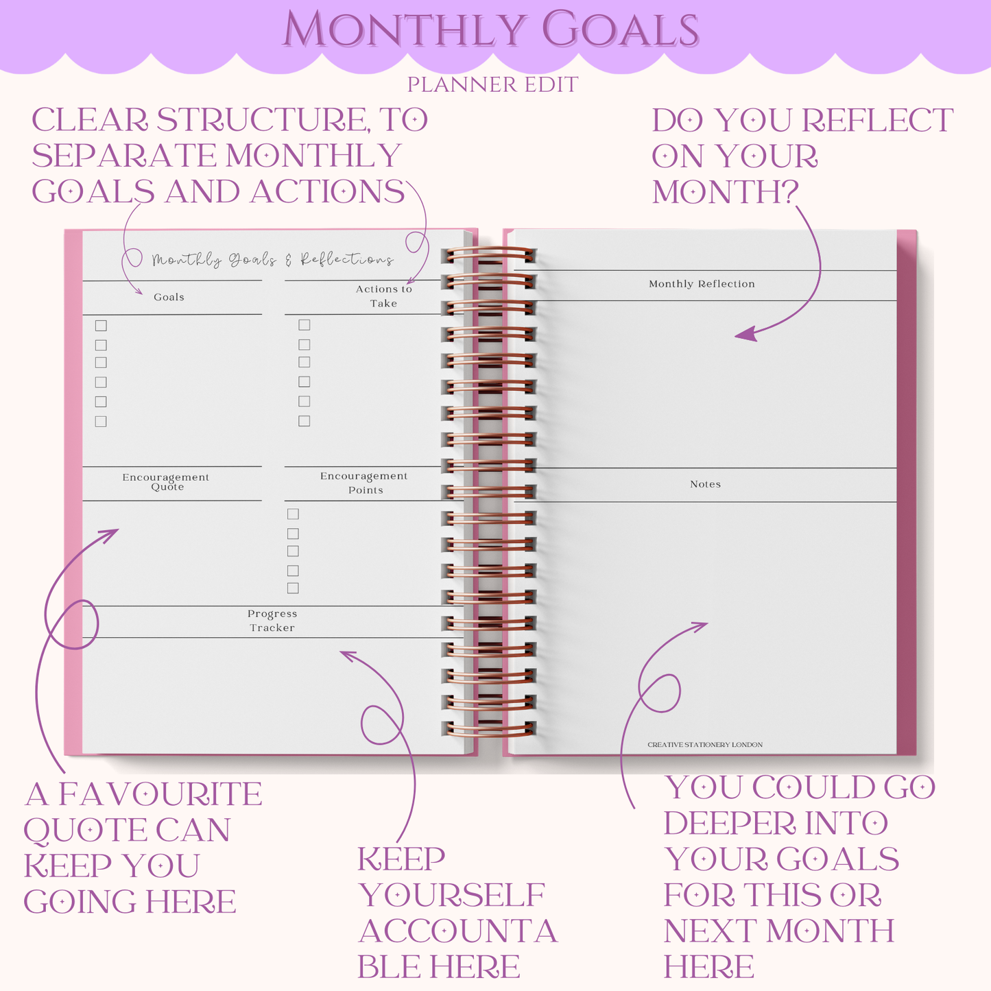 Planner with monthly goals section on a white background