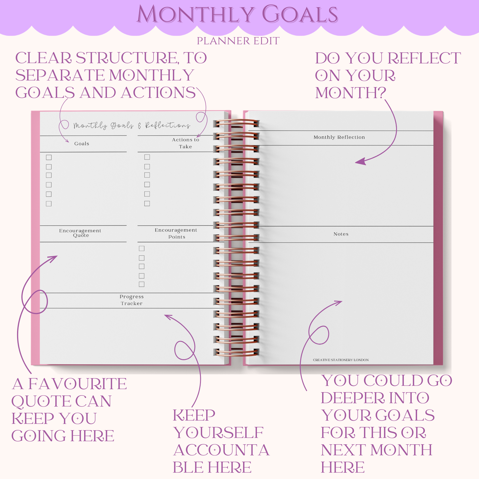 Planner with monthly goals section on a white background