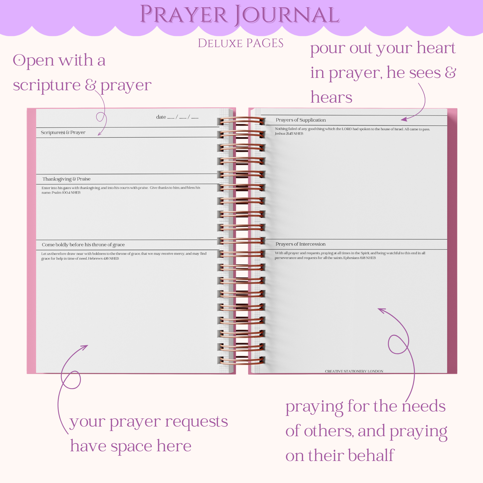 Prayer journal with spiral binding on a white background