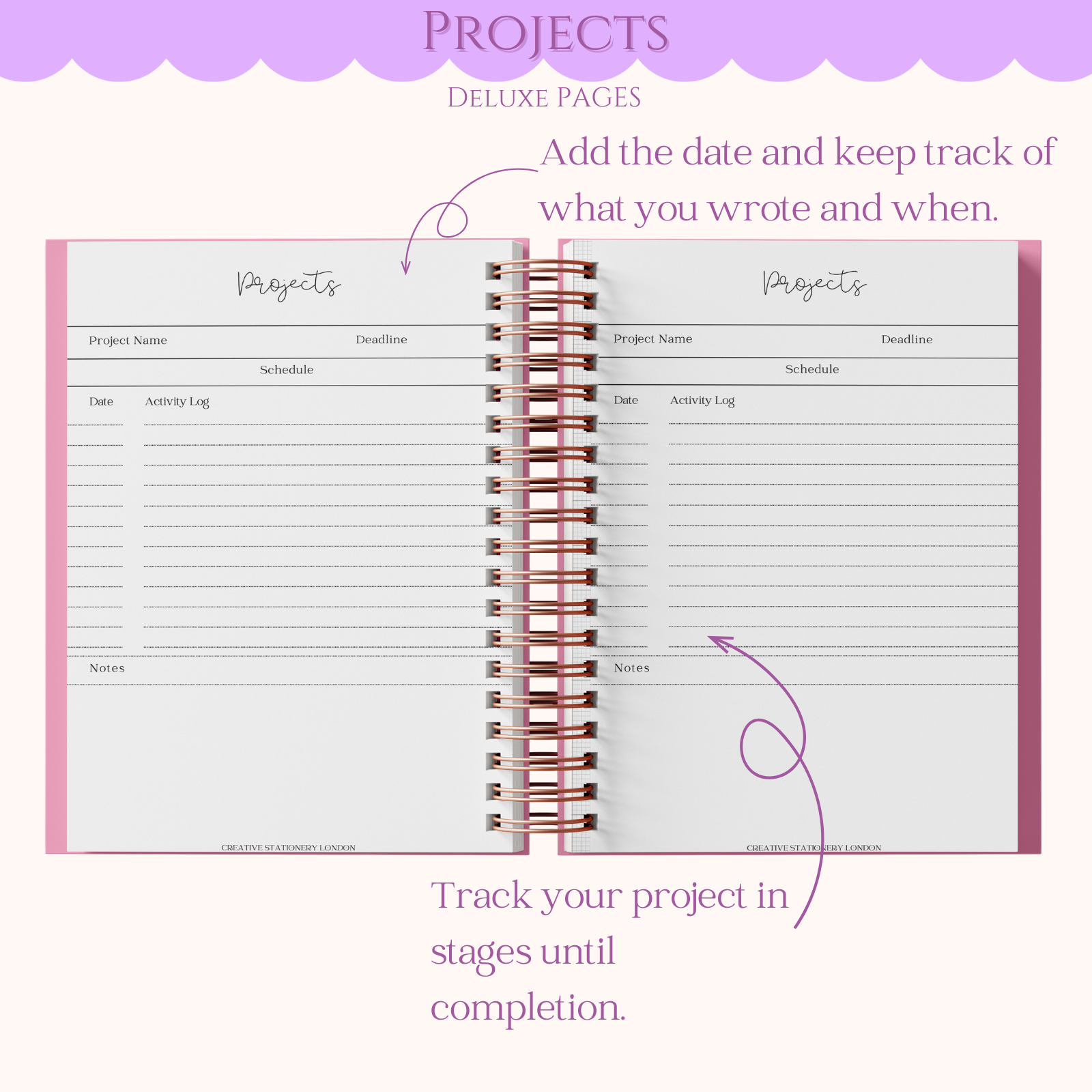 Project tracking page in a planner with purple decorative elements