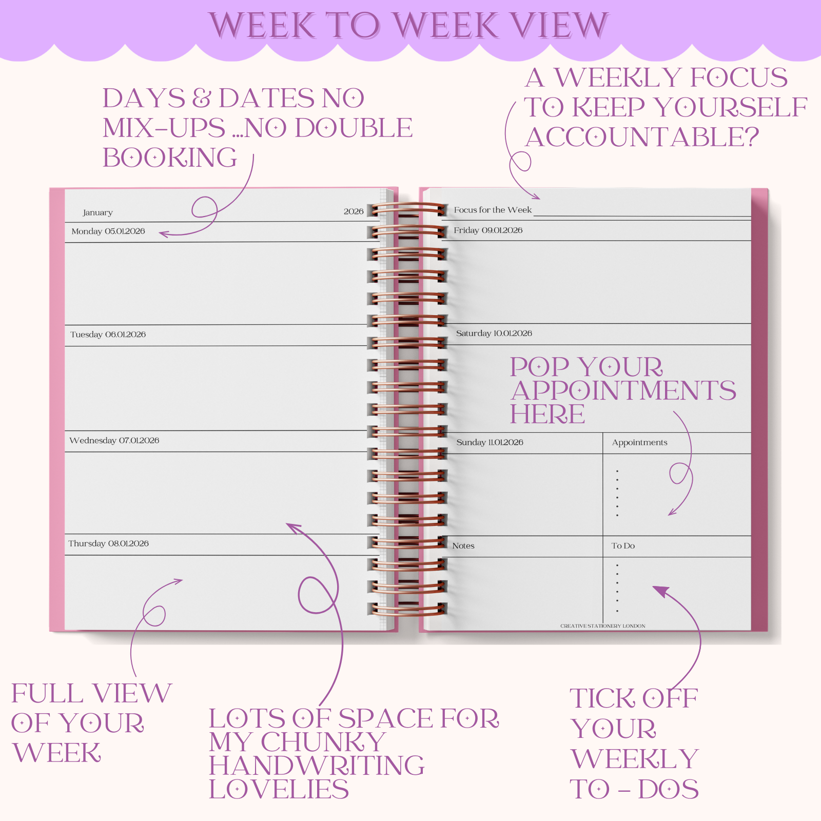 Weekly planner with pink and white design on a light purple background