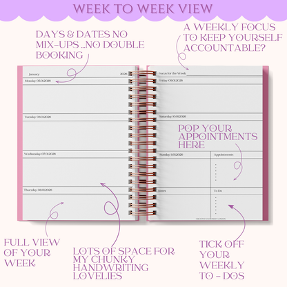 Weekly planner with pink and white design on a light purple background