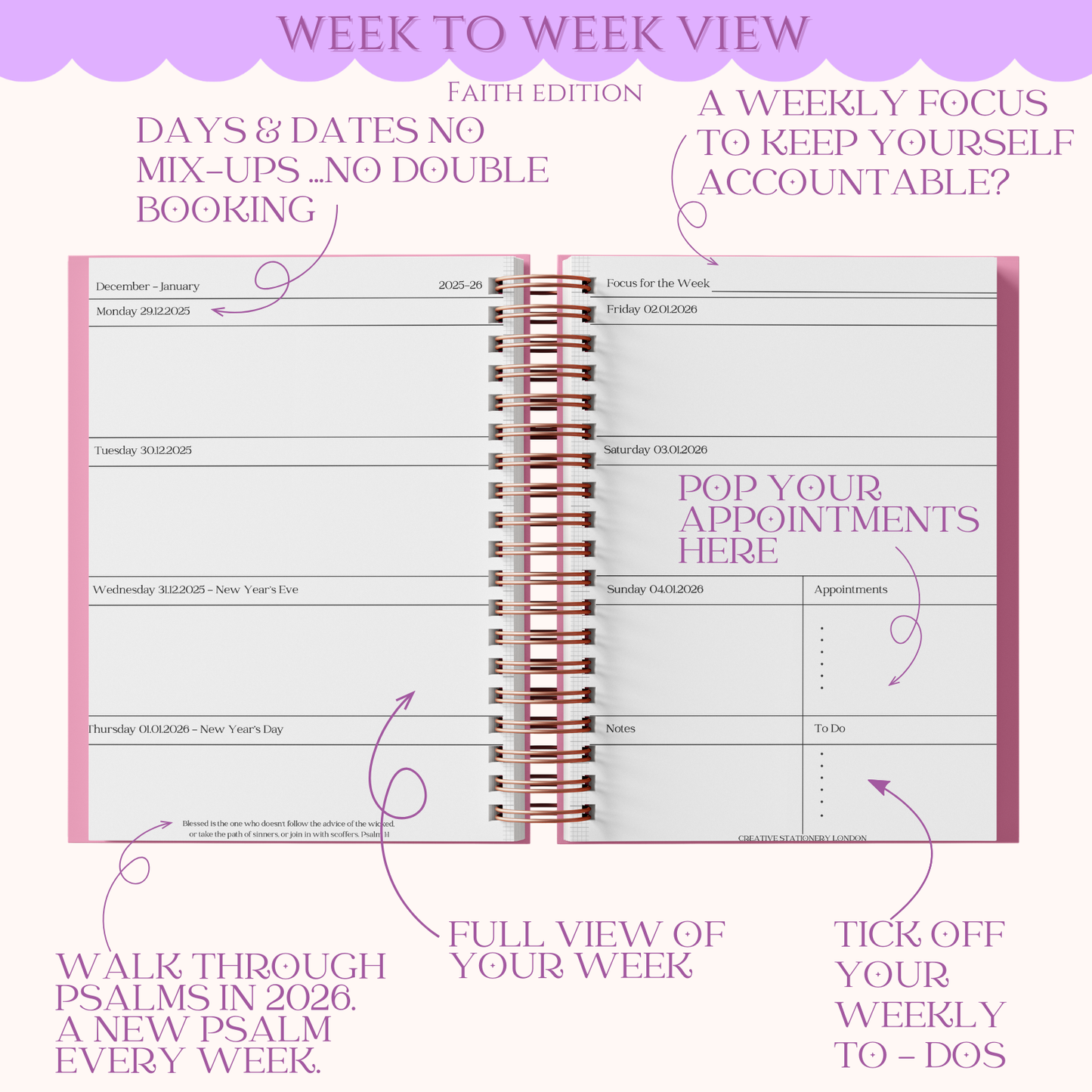 Weekly planner with text on a purple background