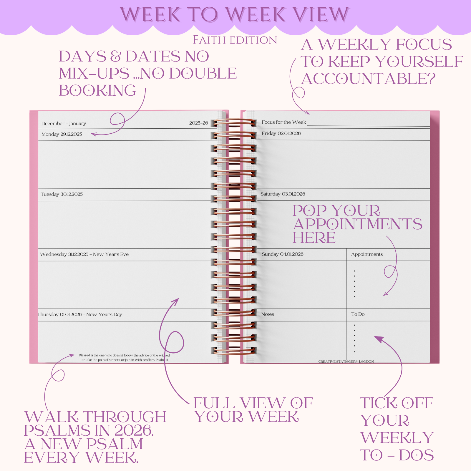 Weekly planner with text on a purple background