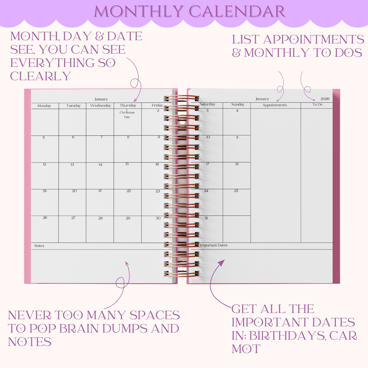 Monthly calendar with appointment and to-do list sections on a purple background