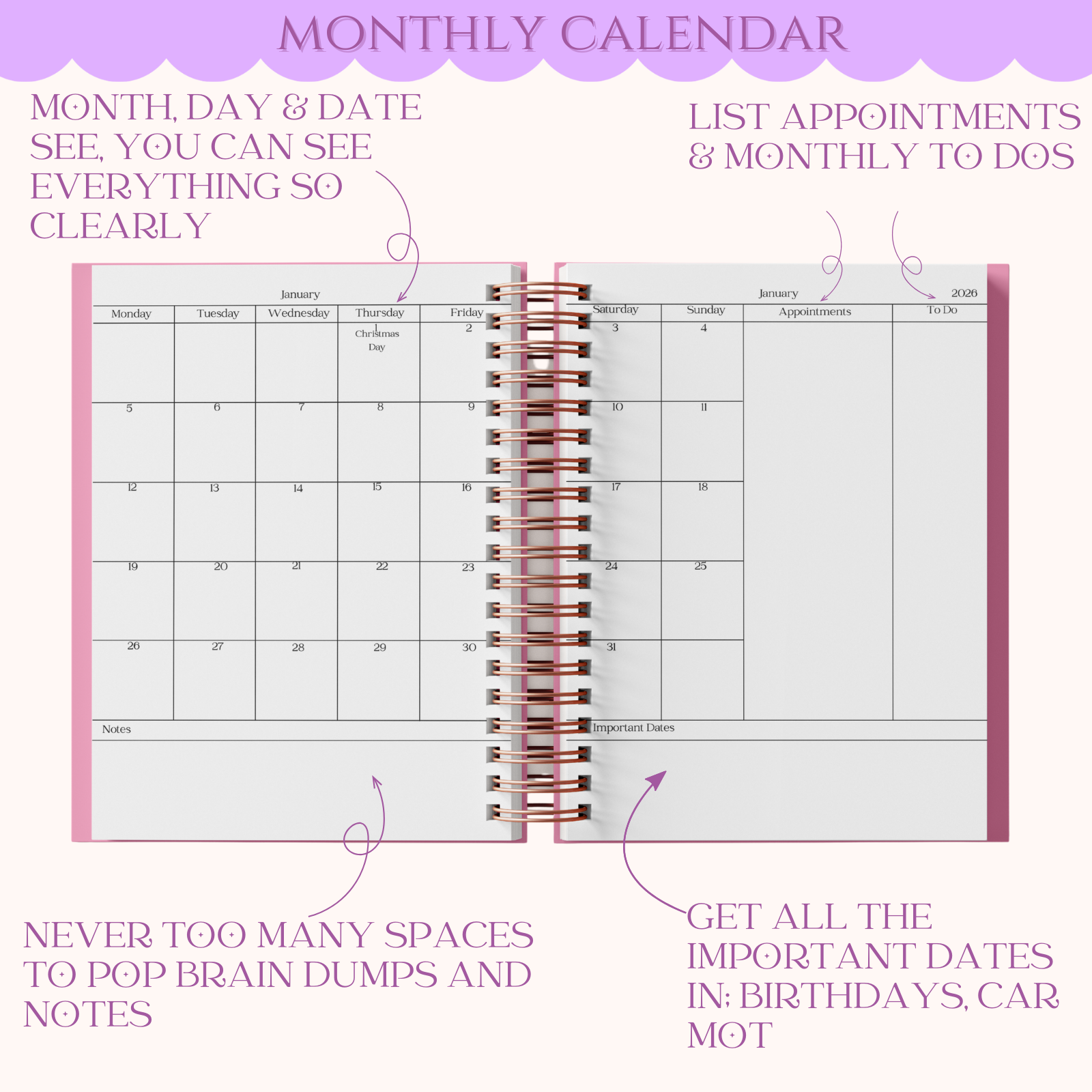 Monthly calendar with appointment and to-do list sections on a purple background