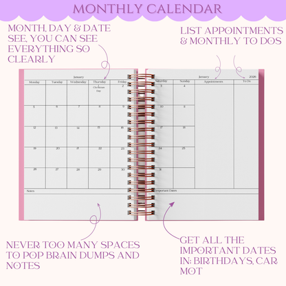 Monthly calendar with appointment and to-do list sections on a purple background