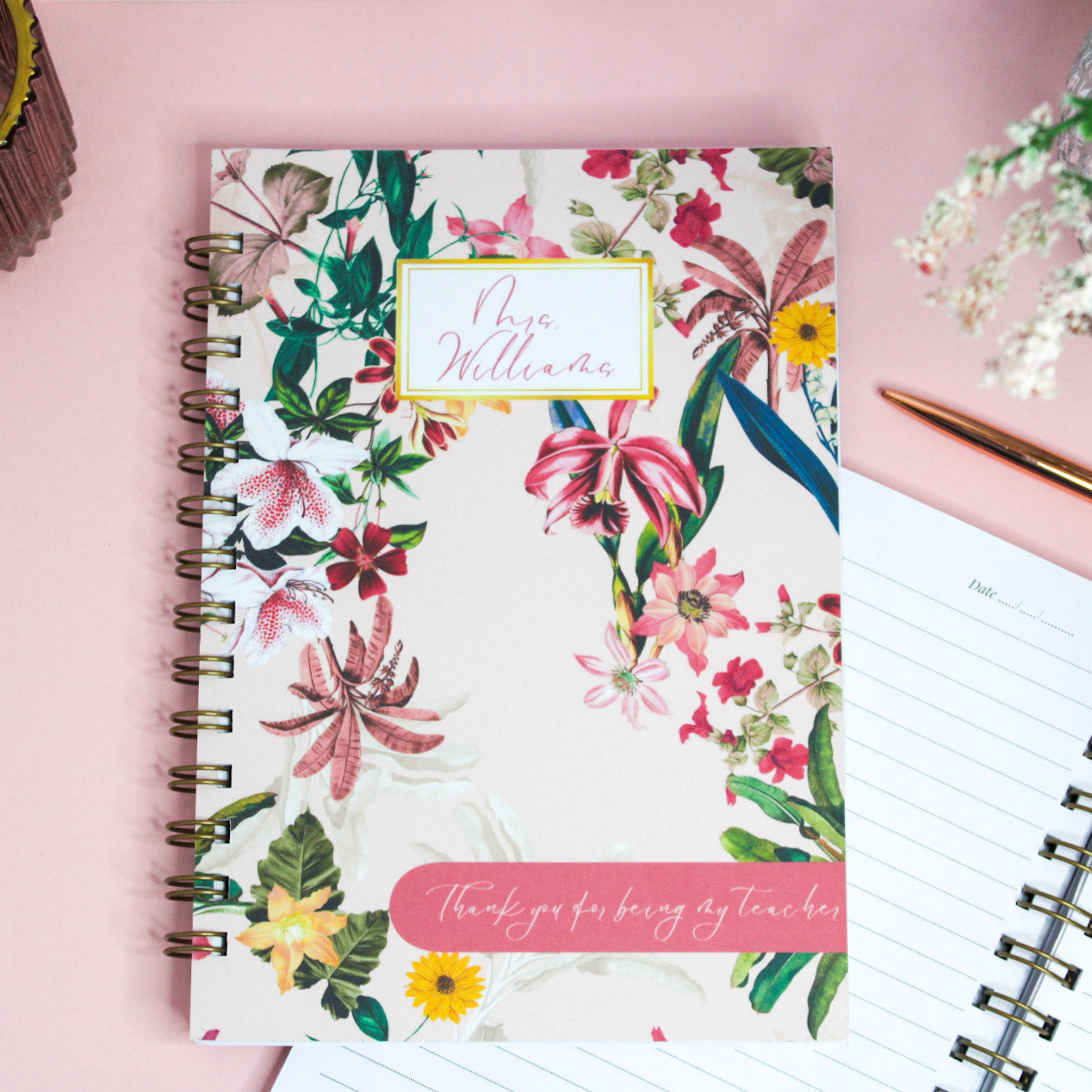Personalised Teacher Notebook | Gift message | Pink Lily